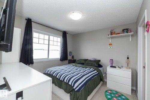 Windowed bedroom featuring neutral wall paint, carpet flooring, a ceiling-mounted light fixture, and a built-in wall shelf - 46 4050 Savaryn Drive, Edmonton, AB 