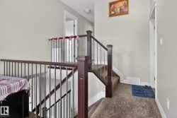 Carpeted staircase with dark wood-finish newel posts and handrails, complemented by metal balusters - 