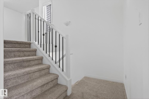 Carpeted staircase with white risers and handrails, featuring black metal balusters - 3806 Powell Wynd, Edmonton, AB 