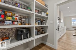 Walk-in pantry featuring extensive built-in shelving, decorative wall covering, and wood-finish flooring - 