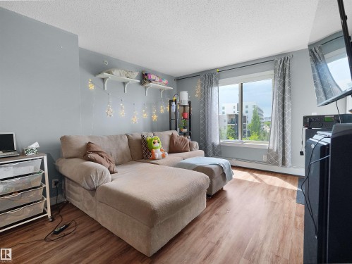 Spacious living area featuring expansive window, wood-finish flooring, light blue walls, and white ceiling - 406 11820 22 Avenue, Edmonton, AB 