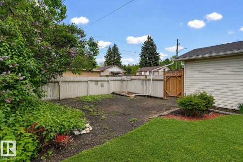 Expansive backyard featuring a partial fence, a mature green lawn, and established landscaping - 10712 52 Avenue, Edmonton, AB 