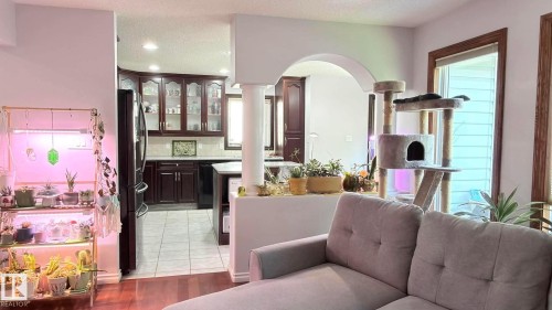Open-concept living space with dark wood-finish flooring extending into an arched Divided wall breaking up the living room and the kitchen. - 825 112B St, Edmonton, AB 