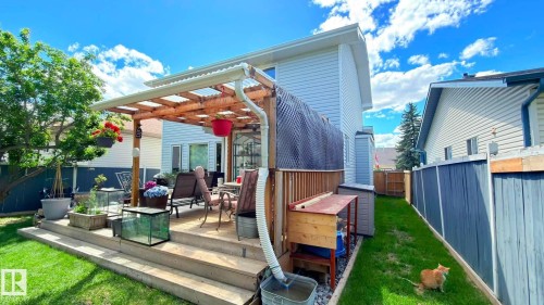 Multi-level wood deck featuring a pergola, and a dark-stained wooden fence. - 825 112B St, Edmonton, AB 