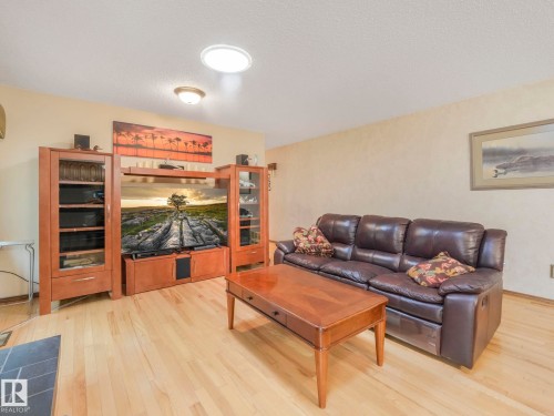 Living area featuring light wood-finish flooring, a ceiling-mounted light fixture, and a skylight - 11921 231 Street, Edmonton, AB 