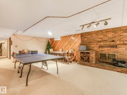 Spacious recreational room featuring a brick fireplace with a wood storage cubby, track lighting, light-toned carpet flooring, and a wood-paneled accent wall - 