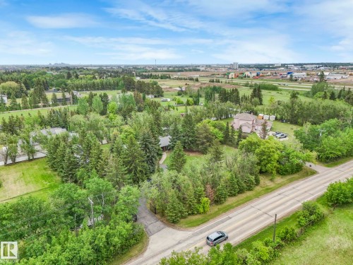 Expansive property featuring mature evergreen and deciduous trees, a paved roadway, and a distant urban landscape - 11921 231 Street, Edmonton, AB 