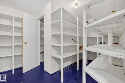 Ample storage space featuring multiple built-in shelving units, a white painted interior, and a durable blue floor finish - 3 Galaxy Way, Sherwood Park, AB 