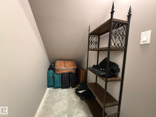 Attic storage area featuring sloped ceilings, light gray wall paint, textured flooring, and a decorative wrought iron shelving unit with wood-finish shelves - 2 104 Allard Link, Edmonton, AB 