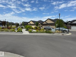 Cul-de-sac street with a central landscaped island featuring mature shrubs and trees - 