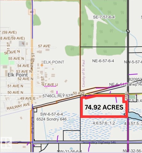 Property Survey Map. Indicating the parcel of 74.92 acres and surrounding geographical features - Twp Rd 570A Range Rd 65, Rural St. Paul County, AB 