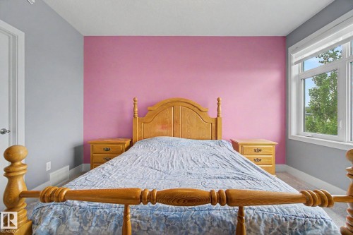 Bedroom featuring a large window, light gray carpeting, and a contrasting pink accent wall - 3036 59 Avenue, Rural Leduc County, AB 