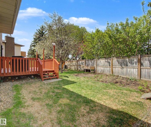 Rear yard featuring a wood deck with stairs, a grass lawn, and a wood privacy fence - 2068 45 Street, Edmonton, AB - Outdoor With Backyard