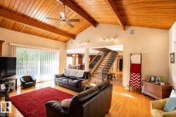 Vaulted wood-paneled ceiling with exposed beams - 