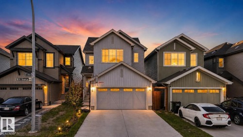 Modern architectural design featuring prominent gables and two-car garages - 22638 99A Avenue, Edmonton, AB 