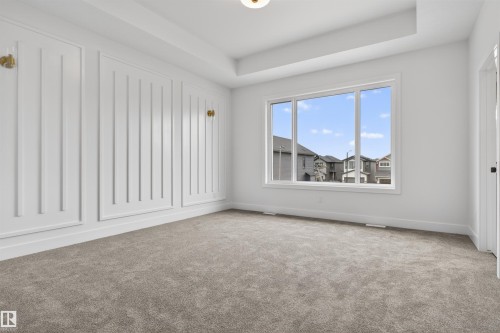 Spacious room with plush gray carpeting, tray ceiling, and a large multi-pane window - 15 Redbud Way, St. Albert, AB - Indoor Photo Showing Other Room