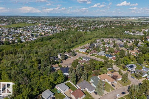 Aerial perspective showcasing a residential area interspersed with extensive green spaces and mature trees - 135 Homestead Crescent Nw, Edmonton, AB 