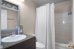 Bathroom featuring a vanity with an undermount sink, a dark wood-finish cabinet, and a speckled countertop - 