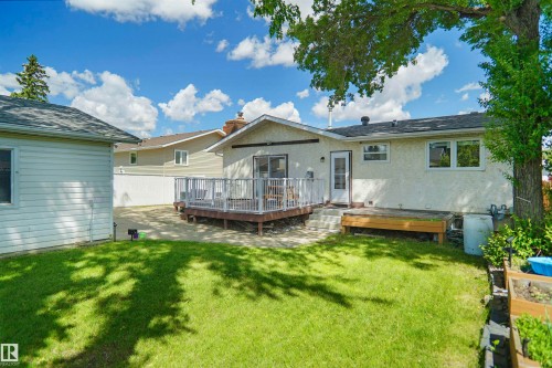Expansive backyard featuring a manicured lawn, a multi-level wood deck with white railings, a detached garage with siding, and a wooden raised garden bed - 13524 26 Street, Edmonton, AB 
