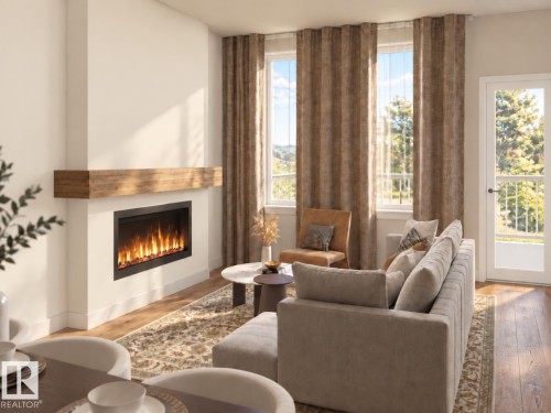 Modern fireplace with a wood-finish mantel and multiple windows - 11 Brickyard View, Stony Plain, AB 