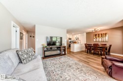 Open-concept living space featuring wood-finish flooring - 