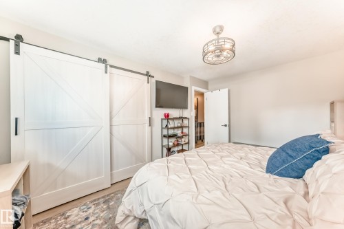 Double barn doors with black hardware, ceiling-mounted light fixture with industrial design, light-toned wall paint, and wood-finish flooring - 10822 11 Avenue, Edmonton, AB 