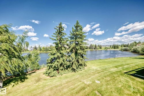 Expansive green lawn with mature evergreen trees and broadleaf shrubs bordering a tranquil lake - 10822 11 Avenue, Edmonton, AB 