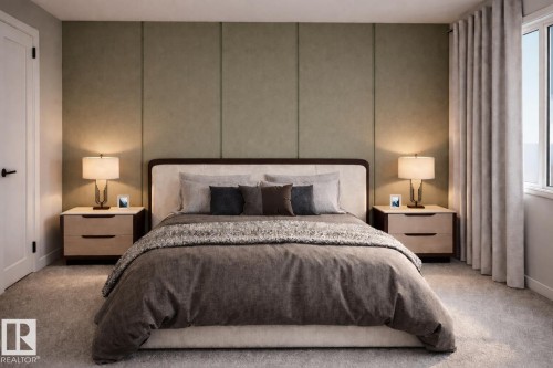 Bedroom featuring a paneled accent wall, neutral carpeting, a white door with black hardware, a window with drapery, and built-in nightstands - 10417 104 Street, Morinville, AB - Indoor Photo Showing Bedroom