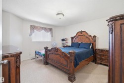 Spacious bedroom featuring light-toned carpeting, white walls, a white ceiling, and a single window with blinds and a decorative valance - 