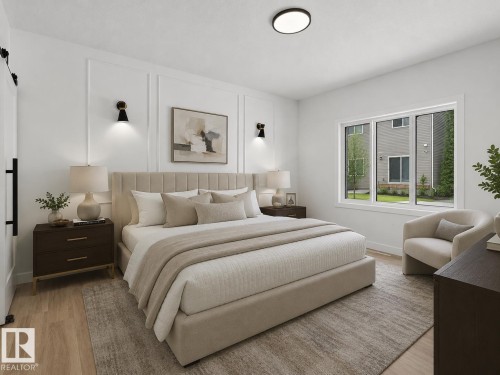 Bedroom featuring wood-finish flooring, a contemporary ceiling light fixture, and a large window - 3318 Chickadee Drive, Edmonton, AB 