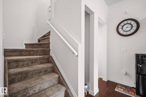 Carpeted staircase with white trim and handrail, complemented by wood-finish flooring in the foreground - 4806 117 Ave, Edmonton, AB 