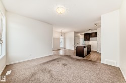 Open-concept living area with neutral carpeting and light-toned walls - 