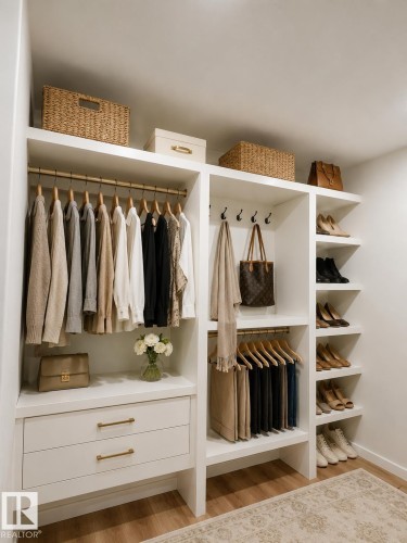 Custom built-in closet system featuring multiple hanging rods, shelving, drawers with gold-finish hardware, and dedicated shoe storage - 3150 Magpie Way, Edmonton, AB 