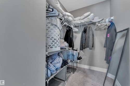 Walk-in closet featuring light gray carpeting, neutral wall paint, white baseboards, and built-in wire shelving - 6116 11 Avenue, Edmonton, AB 