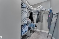 Walk-in closet featuring light gray carpeting, neutral wall paint, white baseboards, and built-in wire shelving - 