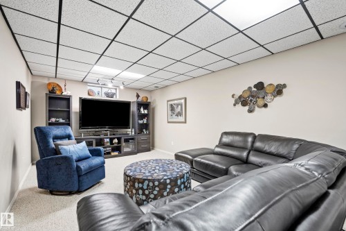 Brightly lit recreational space featuring light-toned walls, track lighting, and a neutral carpet - 3208 70 Street, Edmonton, AB 
