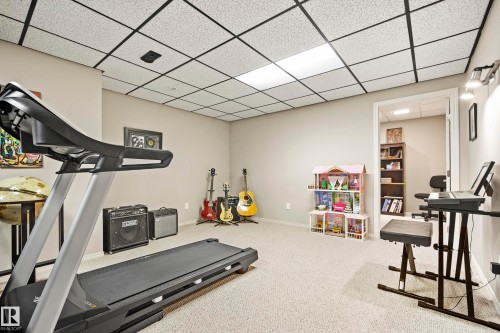Spacious room with a drop ceiling, light neutral wall paint, and textured carpet flooring - 3208 70 Street, Edmonton, AB 