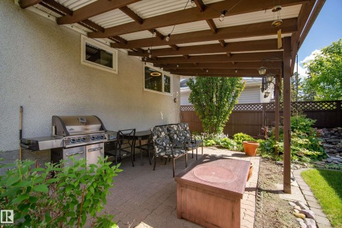 Covered patio featuring a corrugated roof, wood-beam structure, and string lighting - 3208 70 Street, Edmonton, AB 