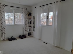 Carpeted room featuring multiple windows with white trim and mounted curtain rods - 
