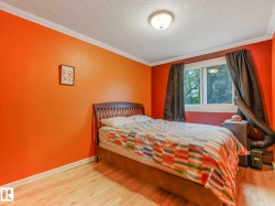 Room featuring bright orange walls, light wood-finish flooring, white baseboards, and crown molding - 