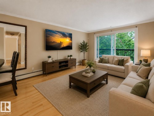 Living room featuring light wood-finish flooring, a neutral wall color, and white crown molding - 403 10165 113 Street, Edmonton, AB 
