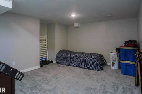 Spacious Flex room featuring light gray carpeting, recessed lighting, and white baseboards - 58 Lodgepole Crescent, St. Albert, AB 