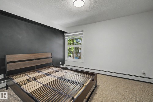Room featuring a window with exterior tree-line scenery, neutral carpet flooring, and a ceiling-mounted light fixture - 11150 83 Avenue, Edmonton, AB 