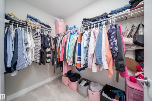 Walk-in closet featuring light gray wall paint, white baseboards, and light gray carpet flooring - 16123 31 Avenue, Edmonton, AB 