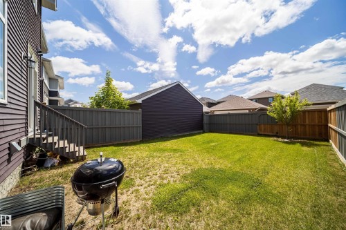 Expansive backyard featuring a lush lawn, privacy fencing, and a small deciduous tree - 16123 31 Avenue, Edmonton, AB 