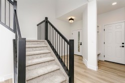 Carpeted staircase featuring black railings and newel posts - 