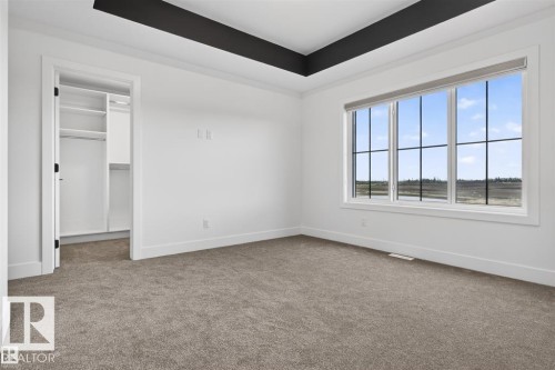 Spacious room with a large multi-pane window, neutral-toned carpet, and a custom tray ceiling - 41 River Birch Way, St. Albert, AB 