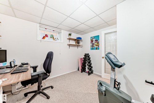 Versatile room featuring light-toned carpeting, a drop ceiling, and a window with blinds - 11831 9 Avenue, Edmonton, AB 