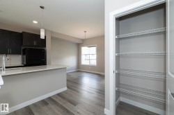 Open concept kitchen and living area featuring a kitchen island, dark cabinetry, light-toned countertops, and wood-finish flooring - 