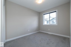 Neutral-toned room featuring grey carpet, white baseboards, and a single window with white trim - 